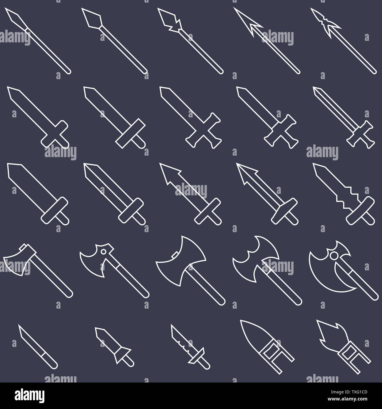 Set di 25 delineano le icone di arma isolati su sfondo bianco. Arma medioevale silhouette. Illustrazione di vettore per il tuo design, gioco, la scheda web. Illustrazione Vettoriale