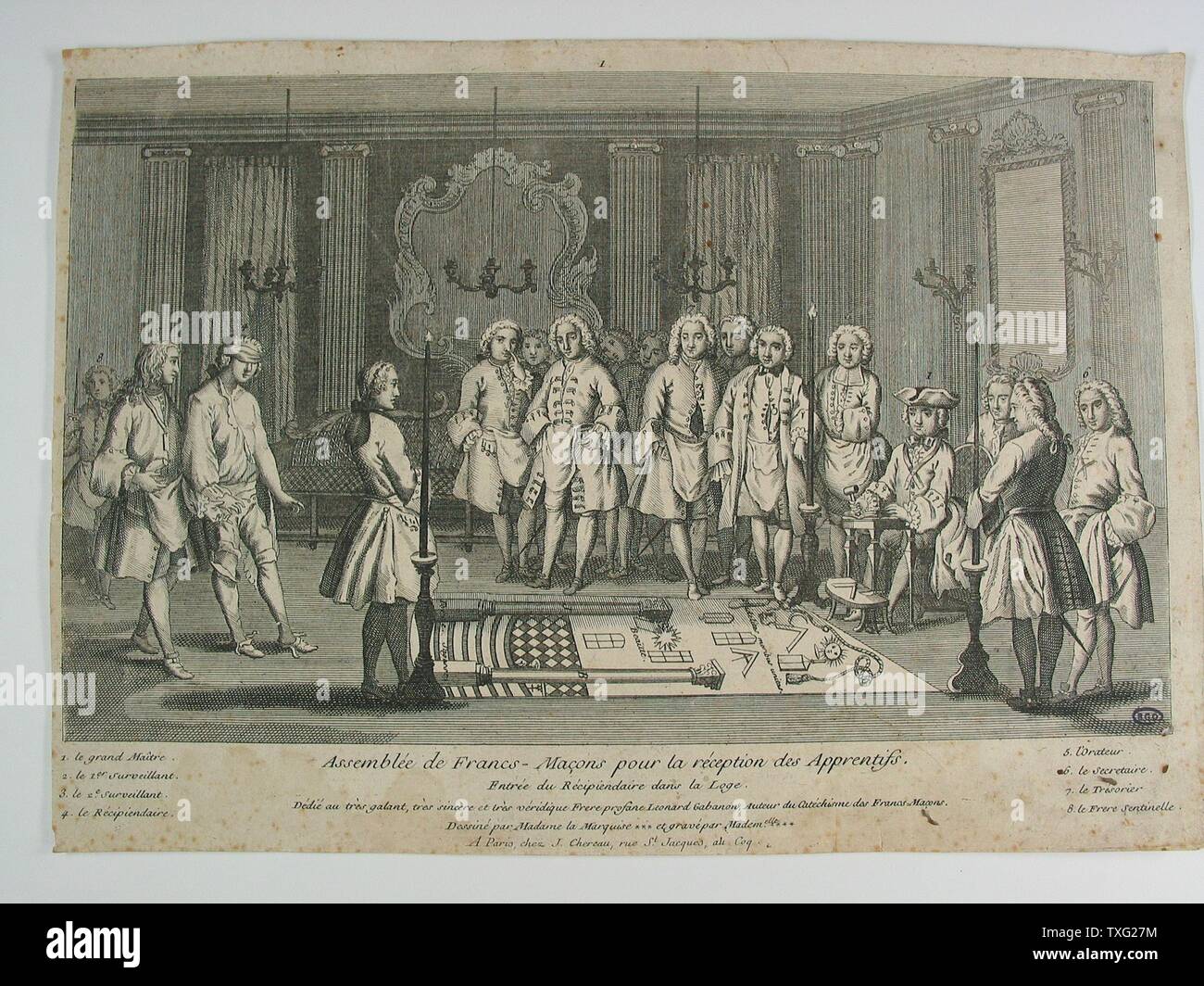 J.Ph. Le Bras massone raduno per la inaugurazione dell'apprendisti metà del XVIII secolo incisore noto come 'Gabanon' (25 cm x 35,5 cm), Parigi, Musée de la Franc-Maçonnerie Foto Stock