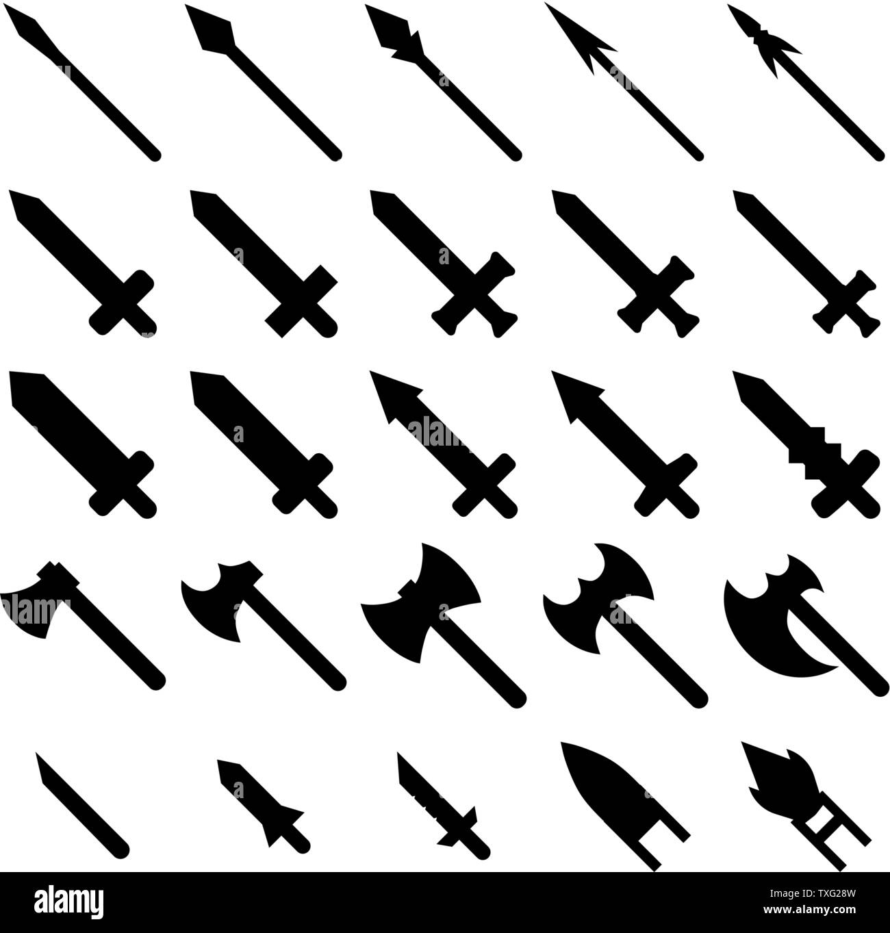 Set di 25 Nero Silhouette icone arma isolati su sfondo bianco. Spade, lance, asce coltelli. Illustrazione di vettore per il tuo design, gioco, Web. Illustrazione Vettoriale