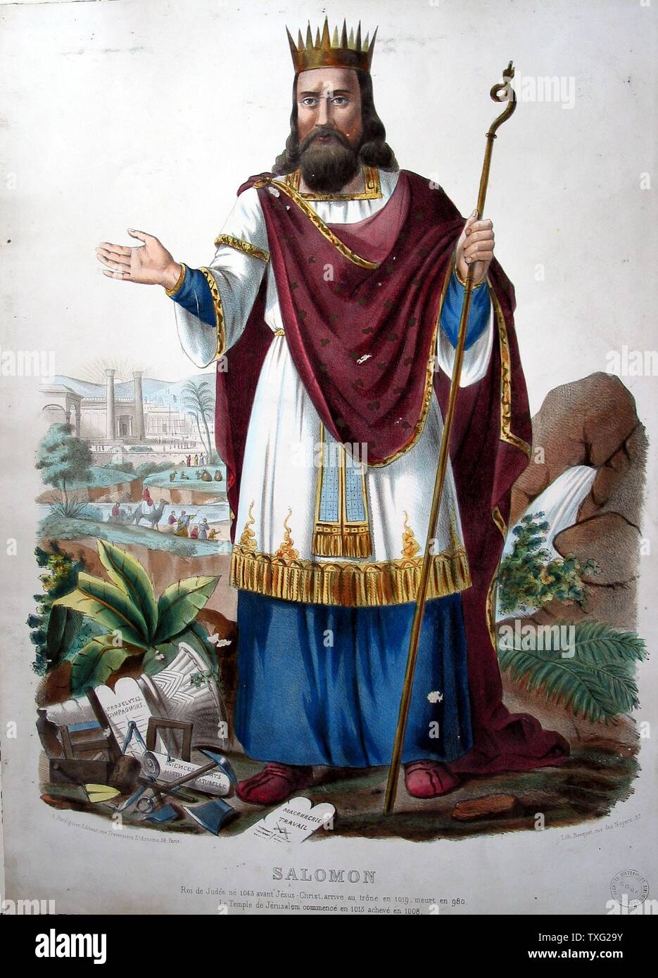 Il re Salomone, incisore: Becquet, Stampante: Agricol Perdiguier, Parigi attorno 1825/1830 Litografia a colori (65 cm x 50 cm) King Solomon è uno dei tre grandi figure del Devoirs compagnonniques (associazioni di artigiani o lavoratori guild movimento) di Parigi, Musée de la Franc-Maçonnerie Foto Stock
