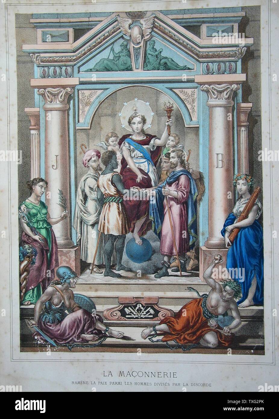 La Muratura di restaurare la pace agli uomini a seguito di una controversia a metà del XIX secolo Litografia a colori (44,5 cm x 39 cm) di questa immagine mostra il candido ruolo dell'istituzione la visualizzazione della morale evangelica, e quasi religioso lato alla fraternità. Questa rappresentazione è caratteristica del periodo durante il XIX secolo prima della III Repubblica. Parigi, Musée de la Franc-Maçonnerie Foto Stock