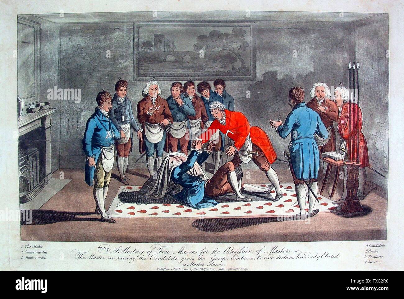 Elevazione al Master V inizio del XIX secolo litografia inglese (25 cm x 39 cm) dopo la incisori francesi noto come 'Gabanon' nella metà del XVIII secolo il candidato sollevato dopo i cinque punti della maestria di Parigi, Musée de la Franc-Maçonnerie Foto Stock