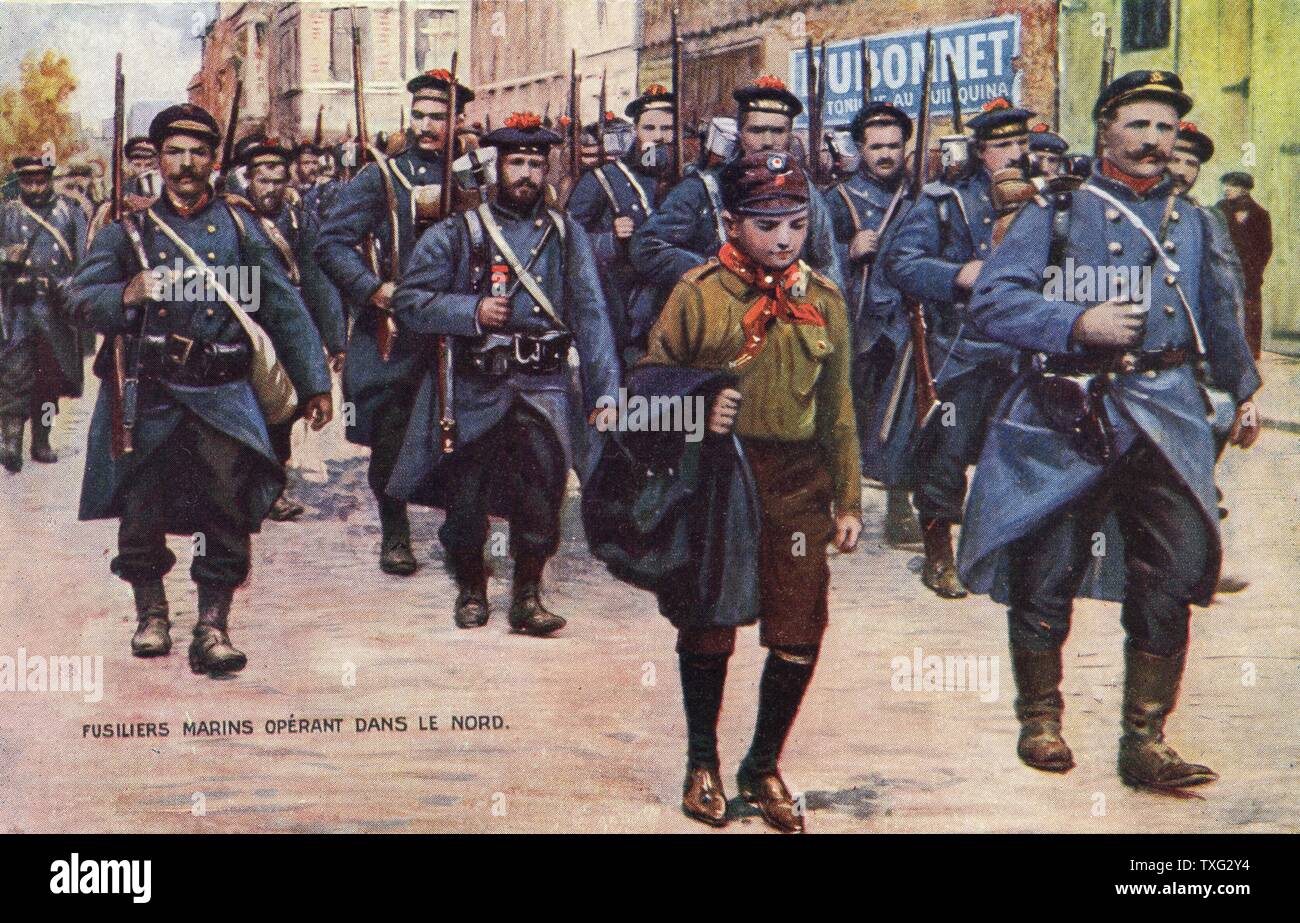 Cartolina pubblicitaria che rappresenta il francese Fusiliers Marins ("Fusiliers navale") per partire per il fronte occidentale (Francia settentrionale). 1914 Foto Stock