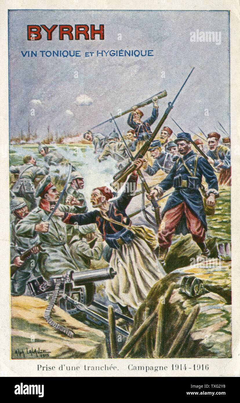 Cartolina pubblicitaria che rappresenta le truppe francesi combattendo contro le truppe tedesche durante la guerra mondiale I. 1917 Foto Stock
