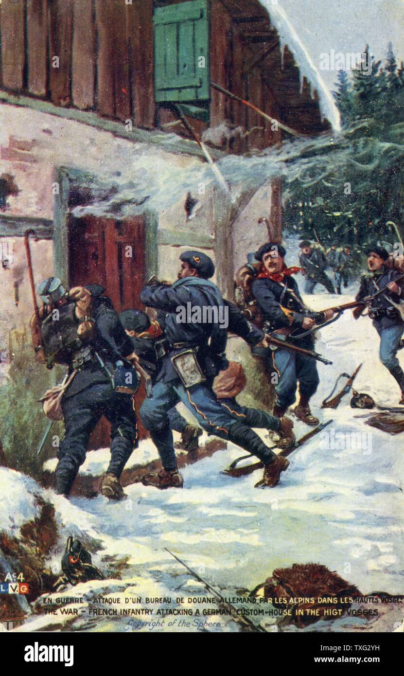 Una cartolina che rappresenta il francese Chasseurs Alpins attaccando un tedesco di custom house le montagne Vosges (Francia) durante la guerra mondiale I. Foto Stock