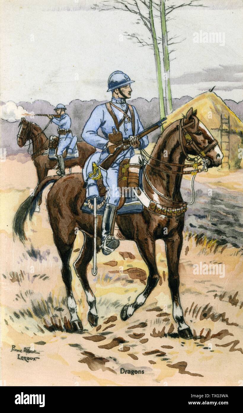 Una cartolina che rappresenta un soldato francese (un 'Poilu') da un reggimento di cavalleria. Foto Stock