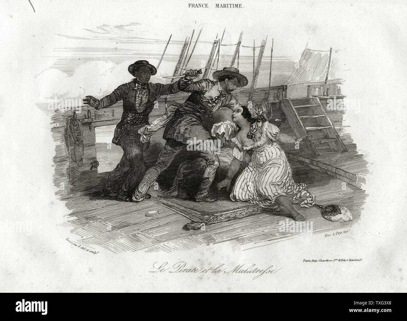 "Il Pirata e il mulatto": pirate attaccando una nave nemica e abusando di una donna a bordo. Incisione di Rouargue, circa 1830. Foto Stock