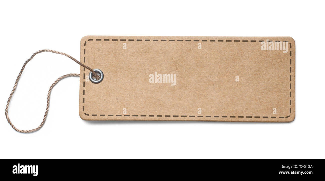 Blank vecchia etichetta di carta o un panno tag con angoli tondi isolato su bianco Foto Stock