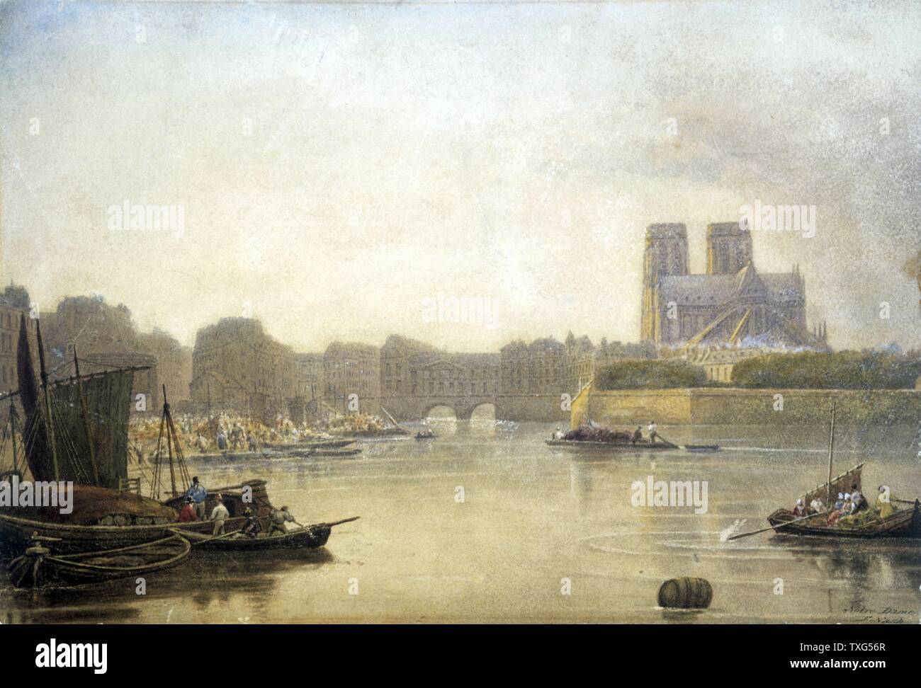 Frederick Nash Scuola di inglese a Notre Dame, vista sul fiume Senna verso l'estremità est della cattedrale con chiatte e barche a remi in primo piano acquerello Foto Stock