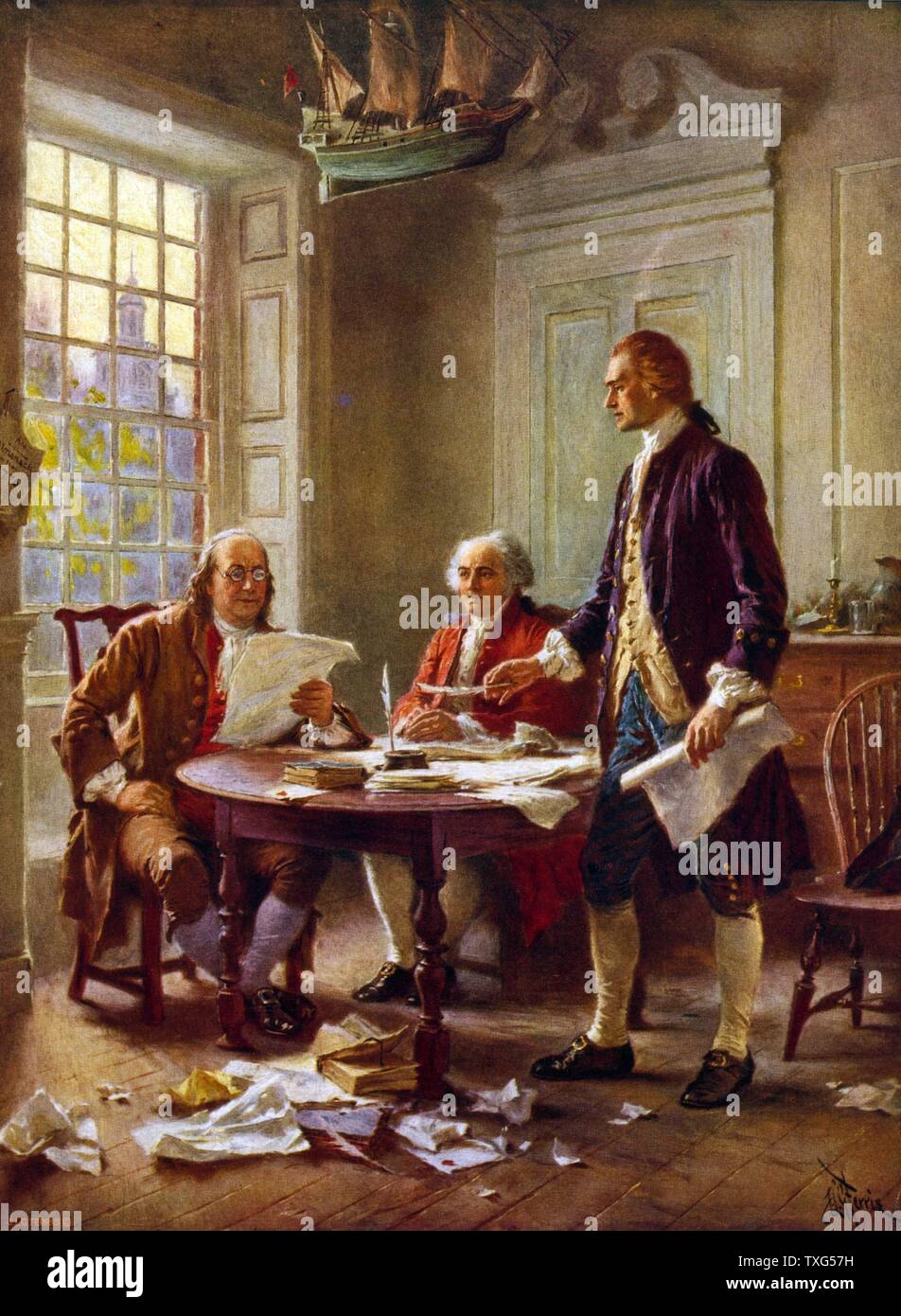 Dopo la pittura da J.L.G. Ferris la scrittura della dichiarazione di indipendenza - Benjamin Franklin, sinistra, John Adams incontro a Thomas Jefferson, piedi, alloggi a Philadelphia per studiare una bozza del documento Foto Stock