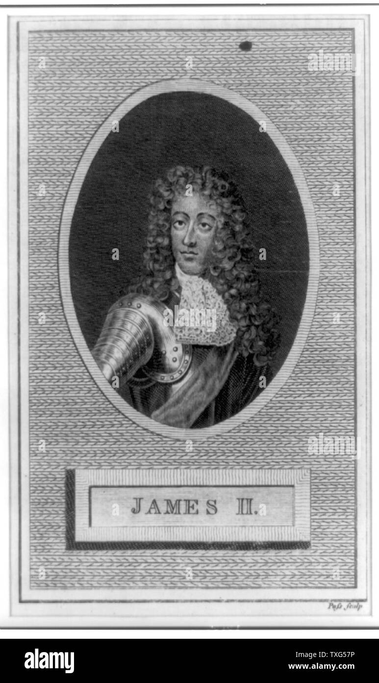 Giacomo II, re di Gran Bretagna e Irlanda (1685-1688). Figlio di Carlo I e fratello di Carlo II, padre di Maria II e la regina Anna incisione Foto Stock