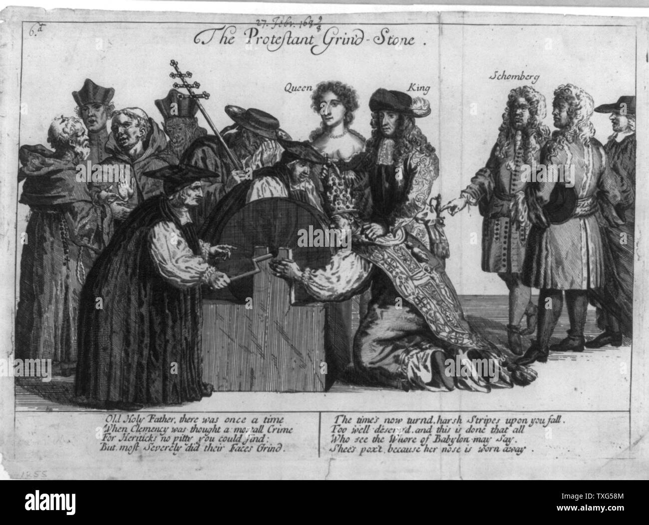 La Mola protestante : William III e della Regina Maria premere il Papa il naso a la mola ruotata di vescovi anglicani Sancroft e Compton. Sulla sinistra, il Maresciallo Schomberg, signore Halifax e il vescovo Burnett guarda su Foto Stock