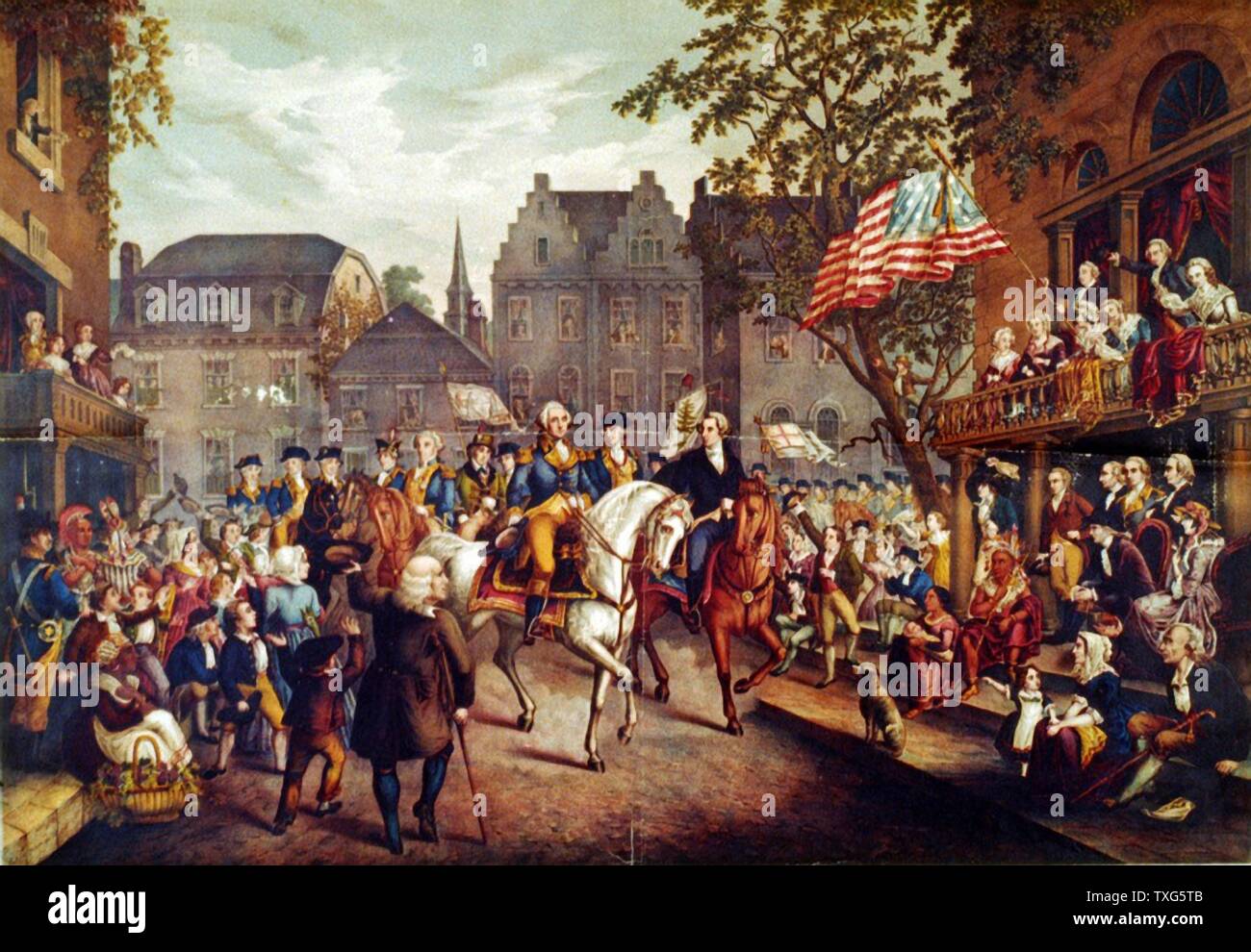 La guerra rivoluzionaria americana (Guerra di Indipendenza Americana) 1775-1783 : George Washington trionfale ingresso a New York, 25 novembre 1783 Foto Stock