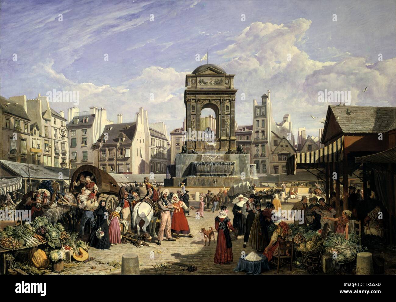 James Chalon British school vista del mercato e la Fontana degli Innocenti, Parigi Olio su tela Foto Stock