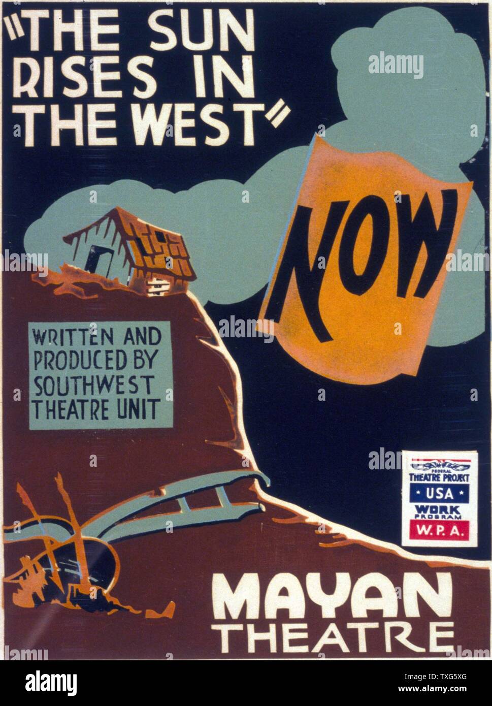 Poster per " Il sole sorge a ovest" prodotte presso il Teatro Maya, California sotto gli auspici del Californian Art Project, parte dei progetti di lavoro Administration, WPA, fondata da FD Roosevelt nel 1935 per fornire posti di lavoro durante la Grande Depressione Foto Stock