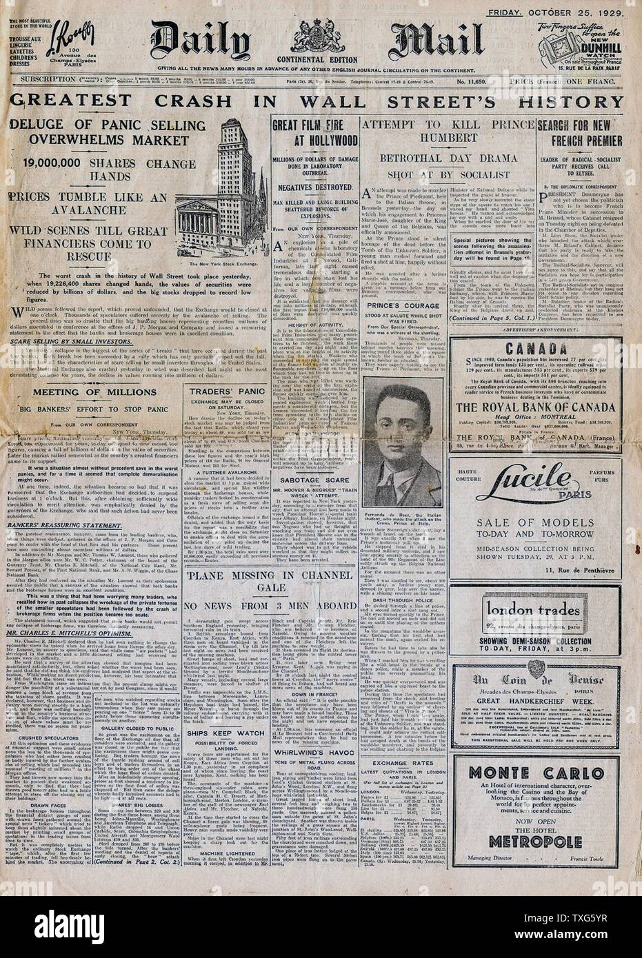 Pagina anteriore del Continental edizione del London 'Daily Mail' 25 ottobre 1929 reporting crollo di Wall Street. Foto Stock