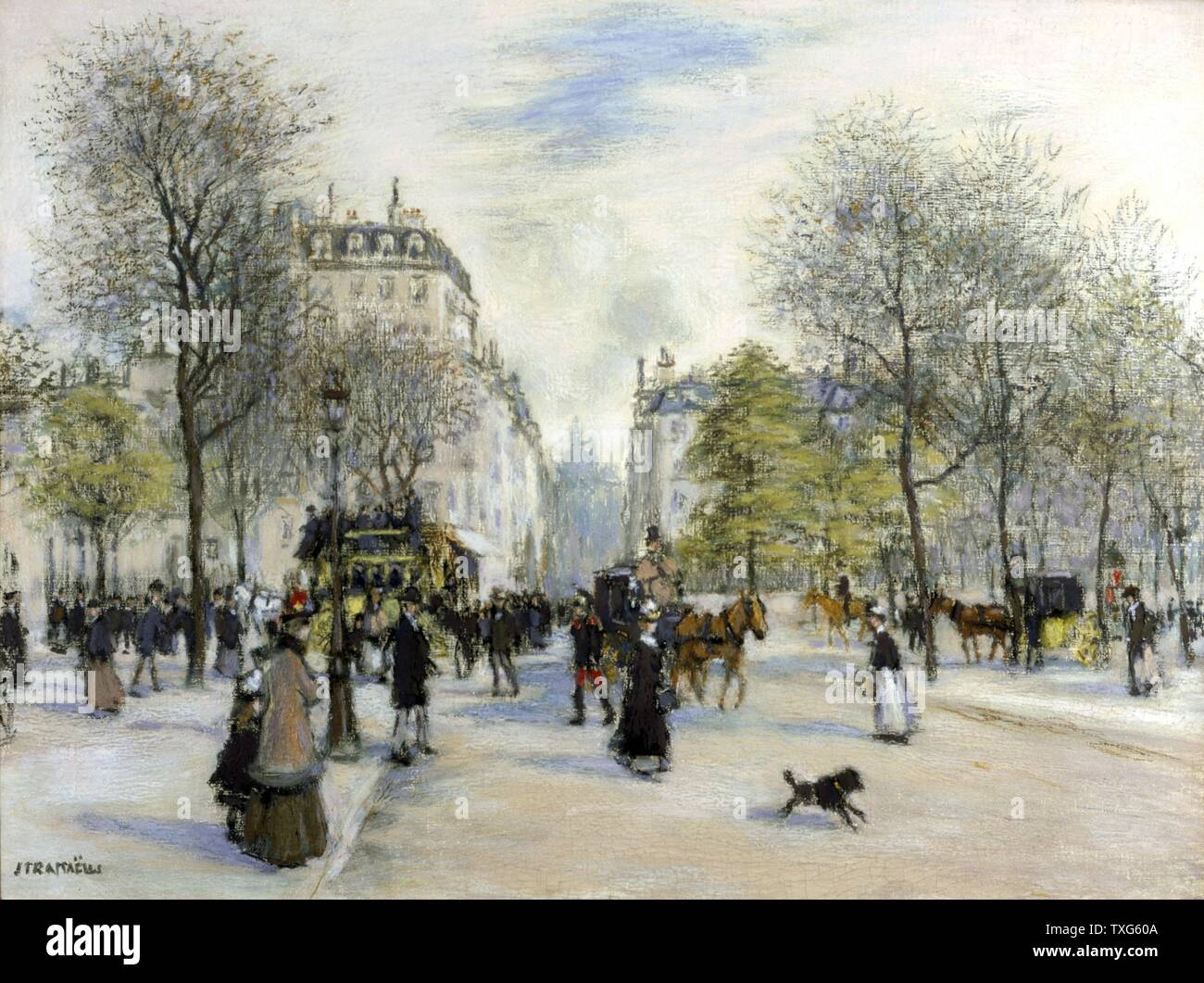 Jean-Francois Raffaelli Scuola di francese a Parigi nel 1900 - Scene di strada con i pedoni, cavallo-bus e architettura Haussmann Olio su tela Foto Stock