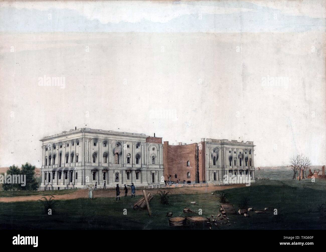 Rovine della US Capitol Building - Washington, dopo il tentativo britannico di masterizzare il 24 agosto 1814 durante la guerra anglo-americano (1812-1815) inchiostro e acquerello su carta. Foto Stock