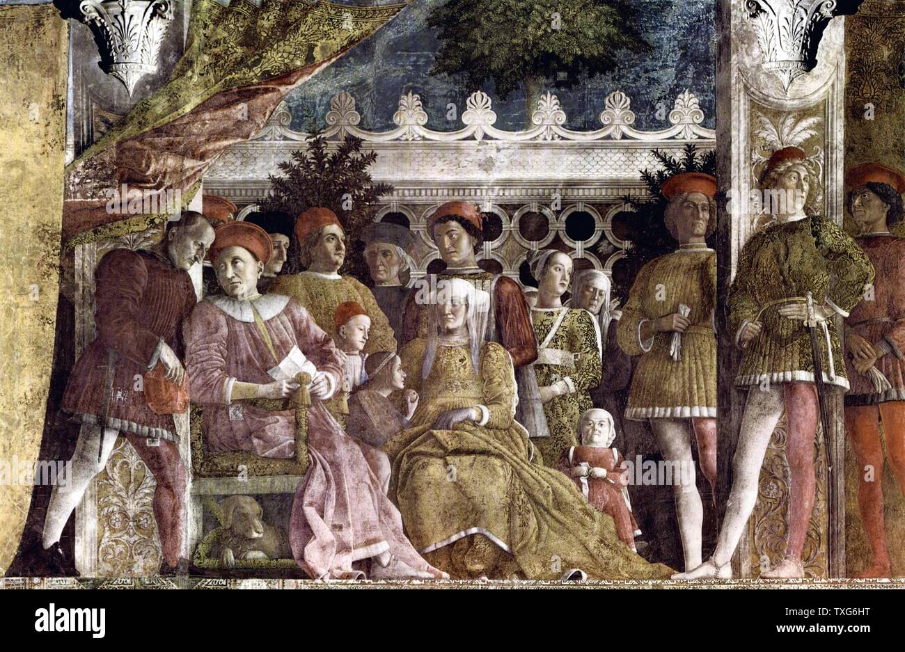 Andrea Mantegna scuola italiana Particolare di affresco nella Camera degli Sposi: la famiglia Gonzaga olio 1471-1474 affresco su intonaco parete (805 x 807 cm) Mantova, Palazzo Ducale Foto Stock