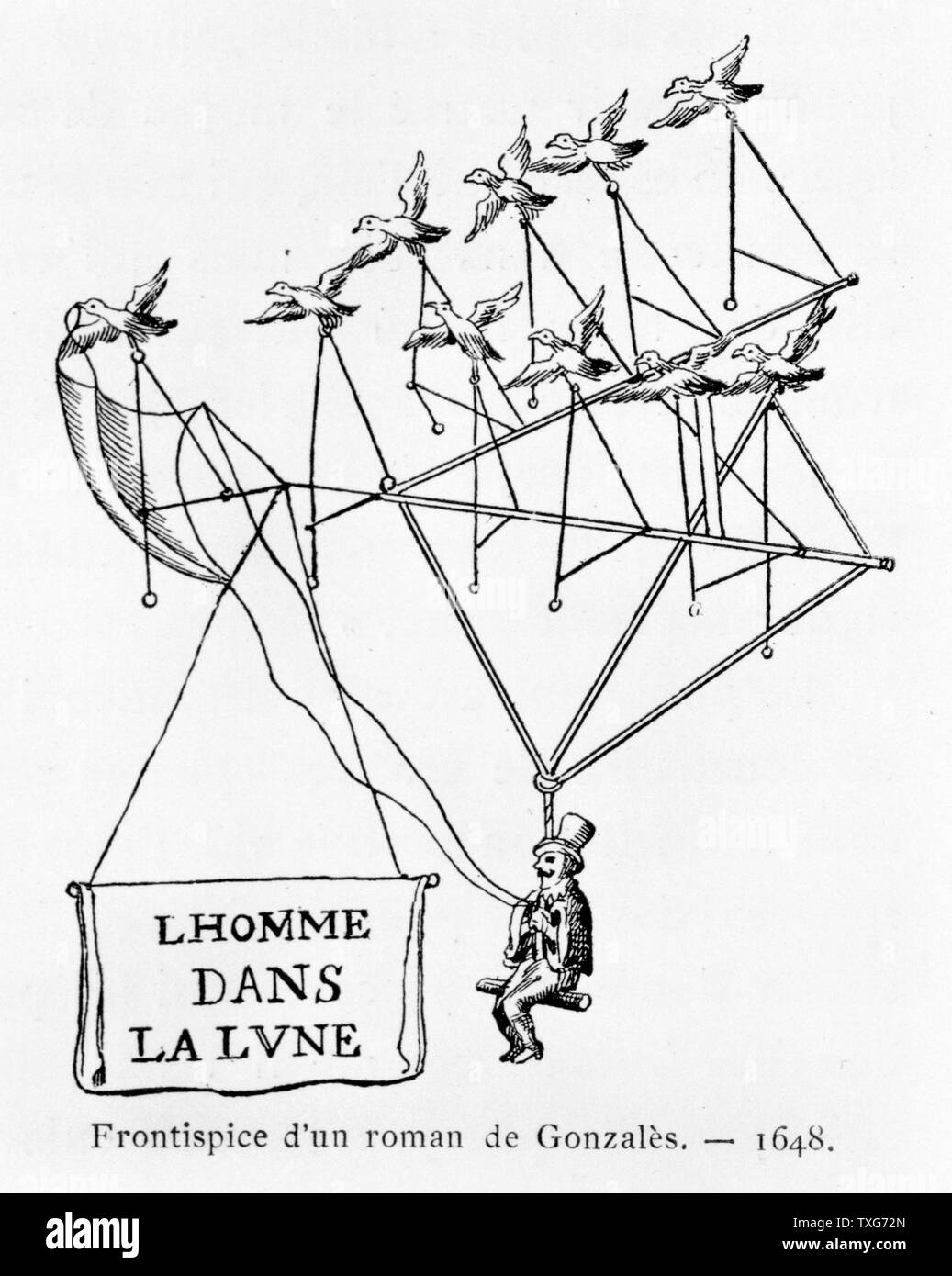 L'homme dans la Lune (l'uomo sulla luna) da frontespizio del romanzo di Gonzales uomo utilizza due funi a guidare il suo velivolo alimentato da uccelli in volo da "Histoire des Ballons' da Gaston Tissandier, Paris Woodblock Foto Stock L'homme dans la Lune (l'uomo sulla luna) da frontespizio del romanzo di Gonzales uomo utilizza due funi a guidare il suo velivolo alimentato da uccelli in volo da "Histoire des Ballons' da Gaston Tissandier, Paris Woodblock Foto Stock