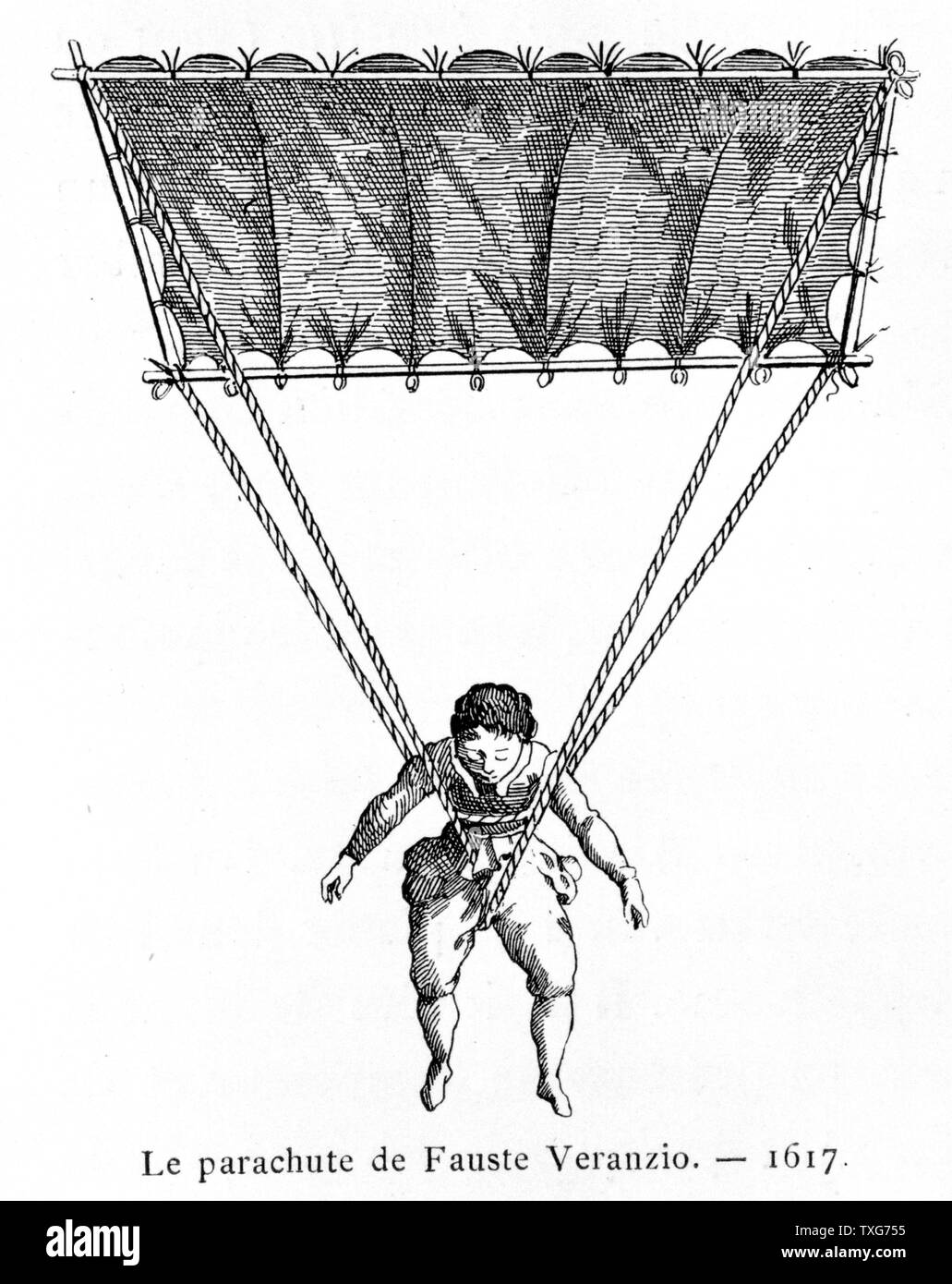 Fauste Veranzio effettuare con successo un salto da una torre a Venezia con il paracadute aveva costruito e che si chiama 'Homo Volans', 1617 Da "Histoire des Ballons' da Gaston Tissandier, incisione di Parigi Foto Stock