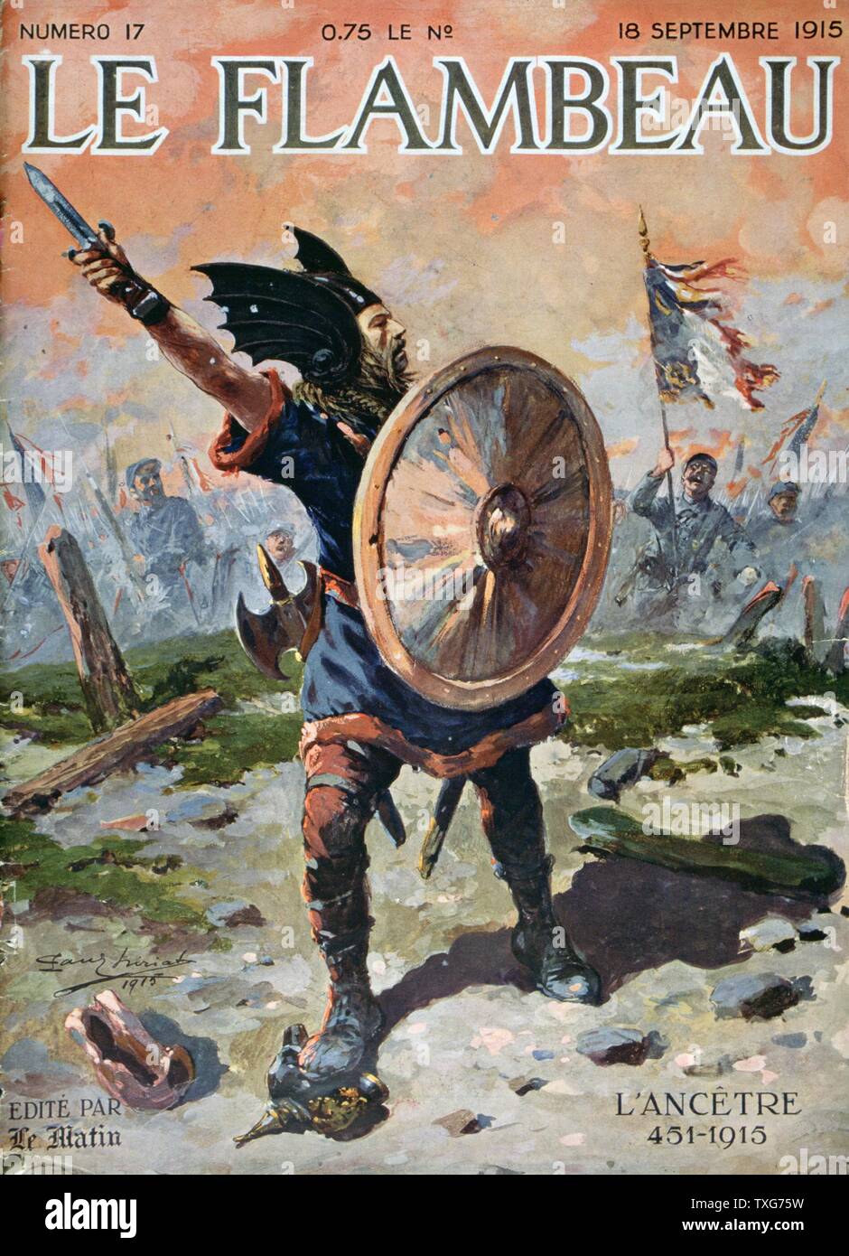 La prima guerra mondiale : coperchio anteriore della 'Le Flambeau", Parigi, mostrando un idealizzato guerriero gallico spinge le truppe francesi contro i tedeschi il patriottismo uno sciovinismo Alegory Foto Stock
