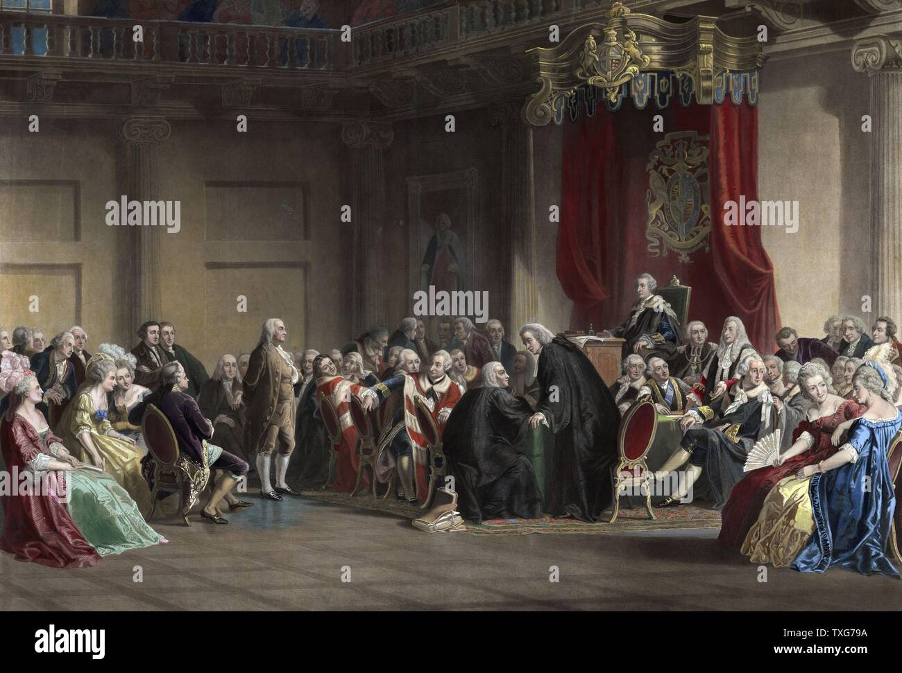 Schuessele cristiana scuola americana Franklin prima del Signore consiglio nella cappella di Whitehall, Londra Franklin presentando le preoccupazioni dei coloni americani Foto Stock