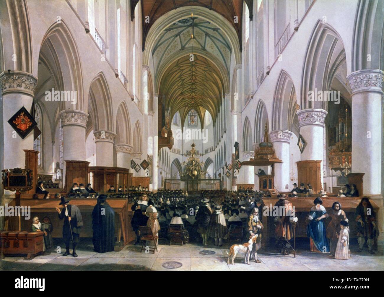 Gerrit Berckheyde scuola olandese interno del Grote Kerk Haarlem - congregazione ascoltando un sermone Olio su oak Foto Stock