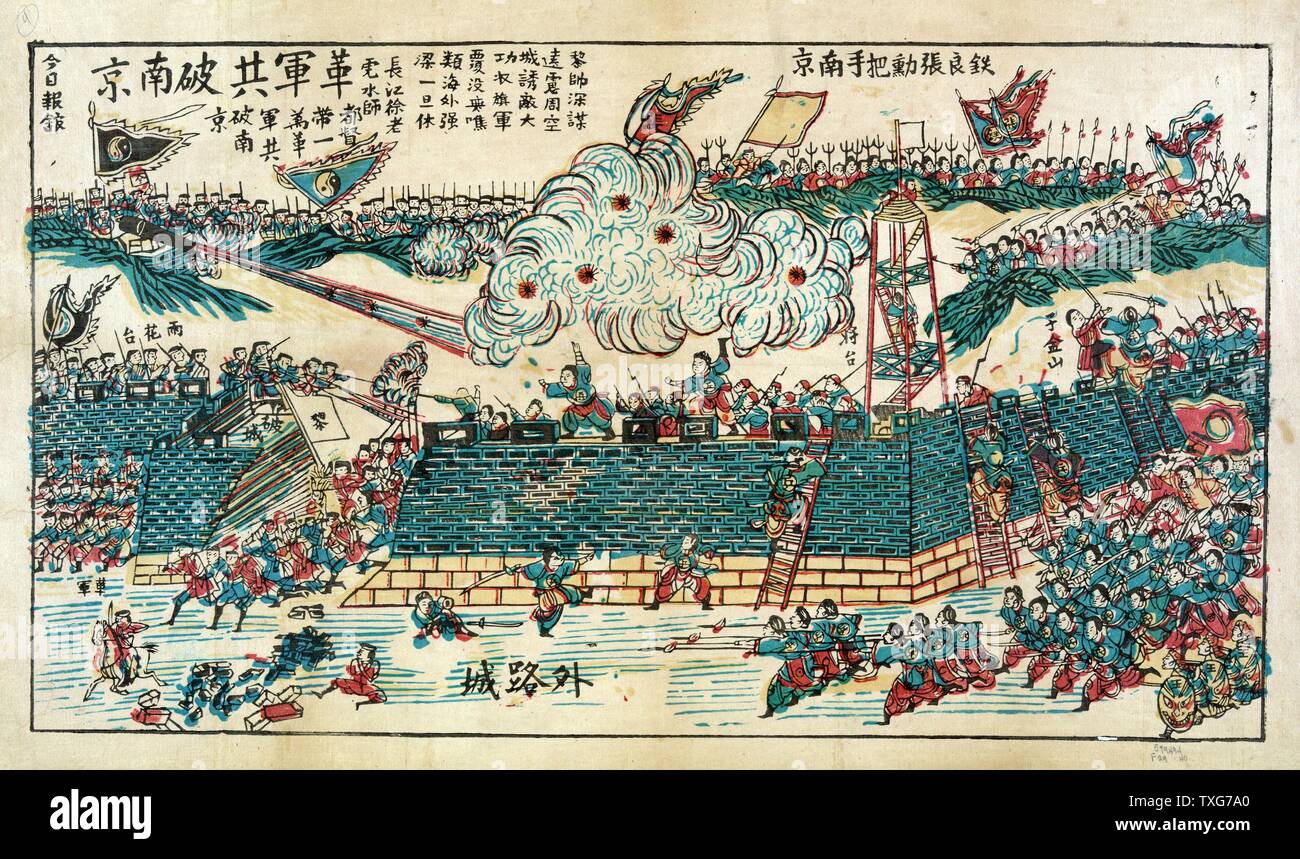 Xilografia giapponese che mostra la stampa di una battaglia con i soldati storming a Fort Foto Stock