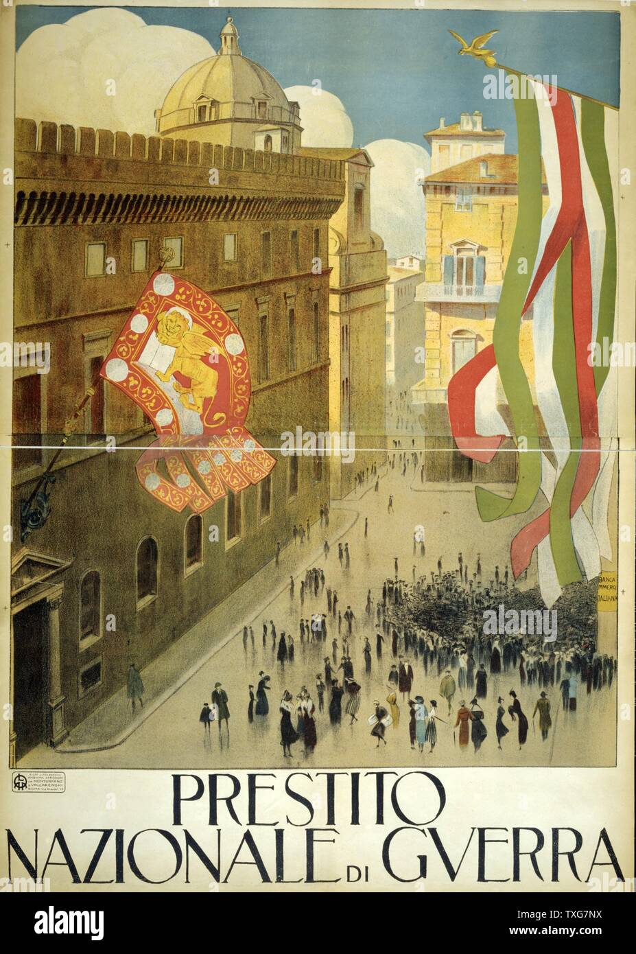 La guerra mondiale I Poster per la Nazionale Italiana di prestito di guerra che mostra la folla al di fuori della Banca nazionale Foto Stock