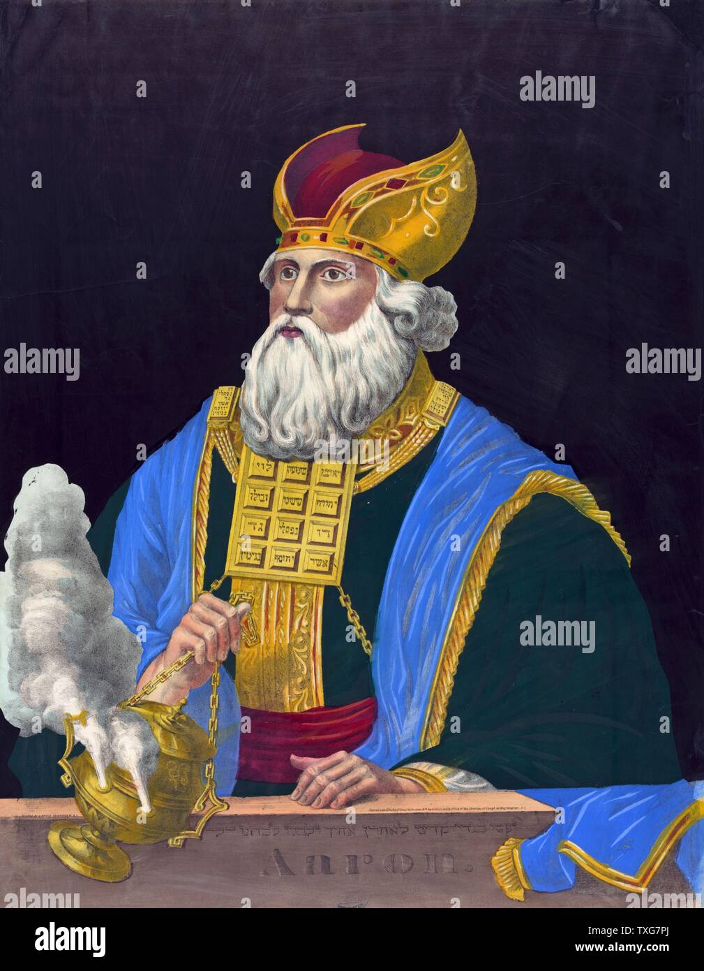 Aronne, fratello di Mosè e primo Sommo Sacerdote di Israele ad Aronne al sacerdote le vesti e le holding incenso incensiere litografia Foto Stock