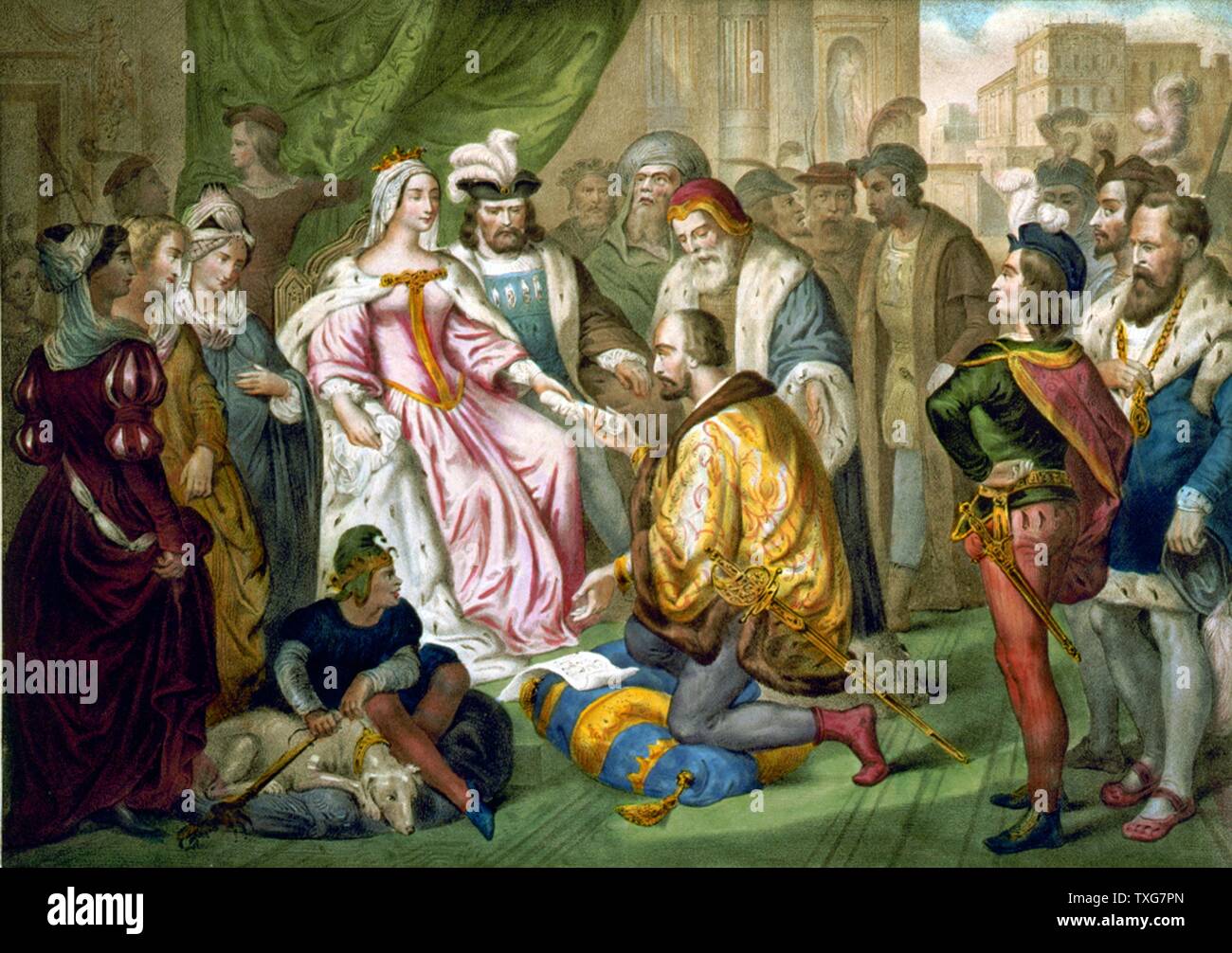 Cristoforo Colombo, navigatore genovese e explorer inginocchiato davanti ai suoi patroni, Isabella di Castiglia e Ferdinando II di Aragona litografia Foto Stock
