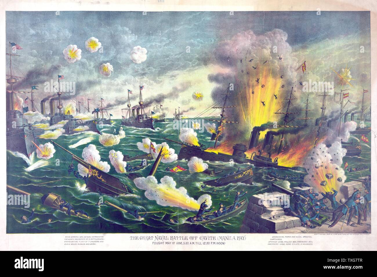 Guerra ispano-americana 1898 : Battaglia della Baia di Manila, Filippine, 1 maggio 1898 il primo grande impegno del conflitto. Le navi spagnole distrutta dal fuoco americano Chromolithograph Foto Stock