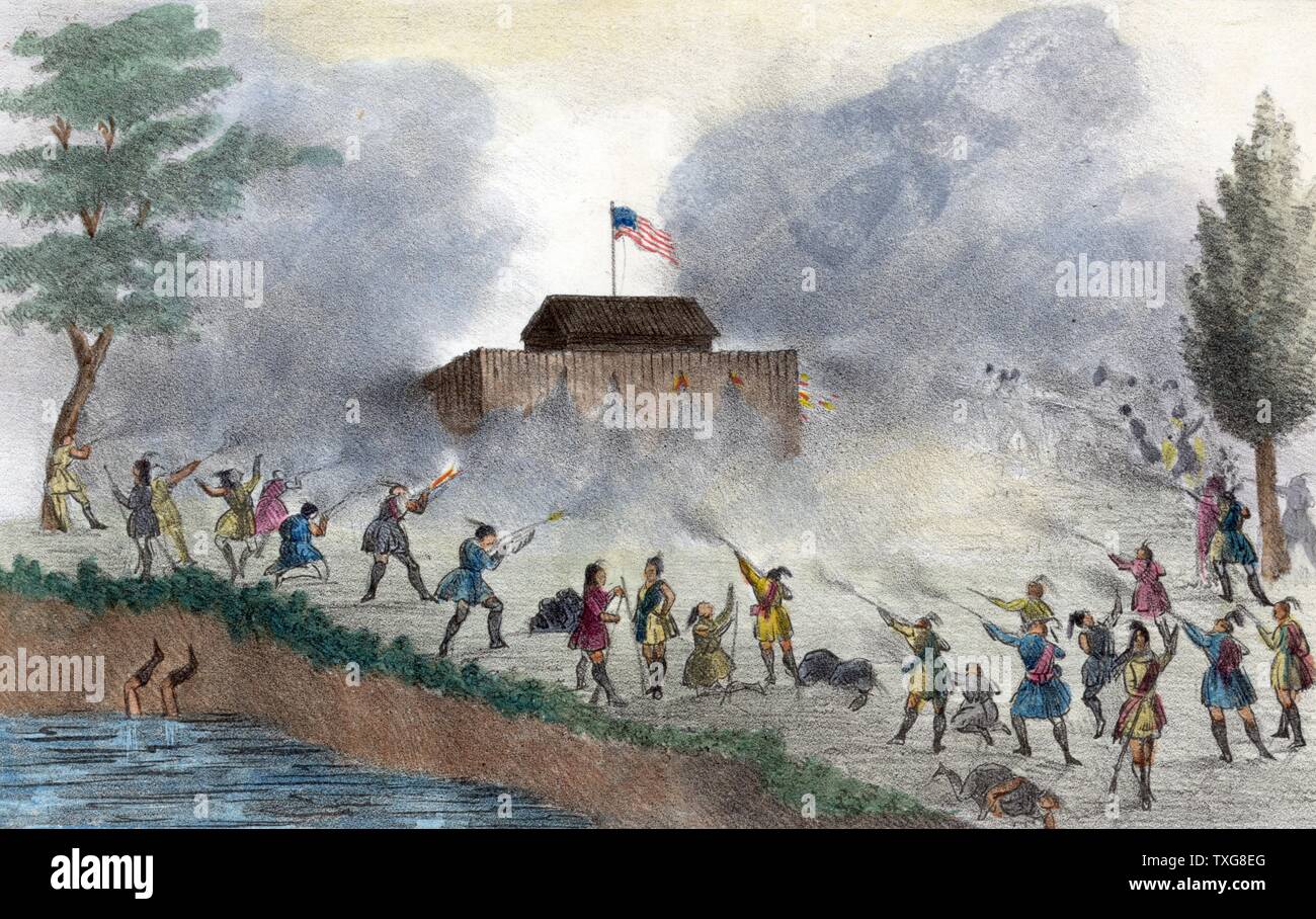 Seminoles, nativi indiani americani attaccando fort battenti bandiera americana. Questo è eventualmente su un forte sul fiume Withlacoochee, nel dicembre 1835 Foto Stock