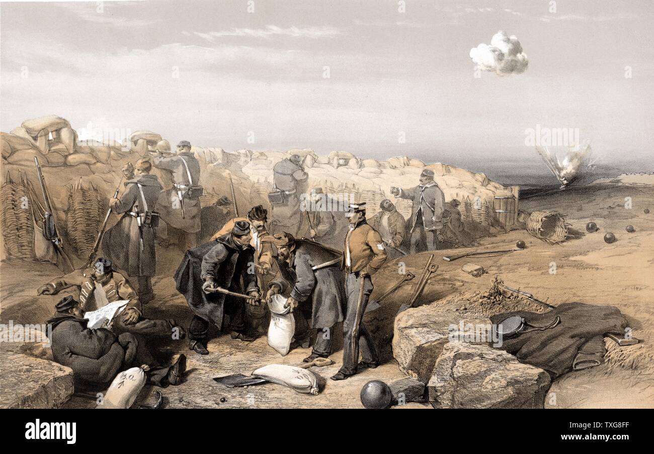 Guerra di Crimea 1853-1856 : riempimento dei sacchi di sabbia in British posizione avanzata per costruire le difese di protezione. Gabions, cesti di vimini riempito con terra. Da 'illustrazioni della guerra in Oriente" Foto Stock