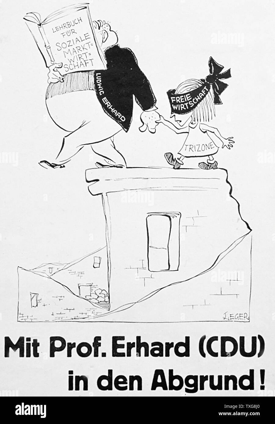 'Messa Prof.Erhard (CDU) in den abgrund' (con Prof.Erhard (CDU) nell abisso). Un Cartoon politico raffigurante il Cancelliere Erhard prendendo la Germania nella zona di libero scambio Foto Stock