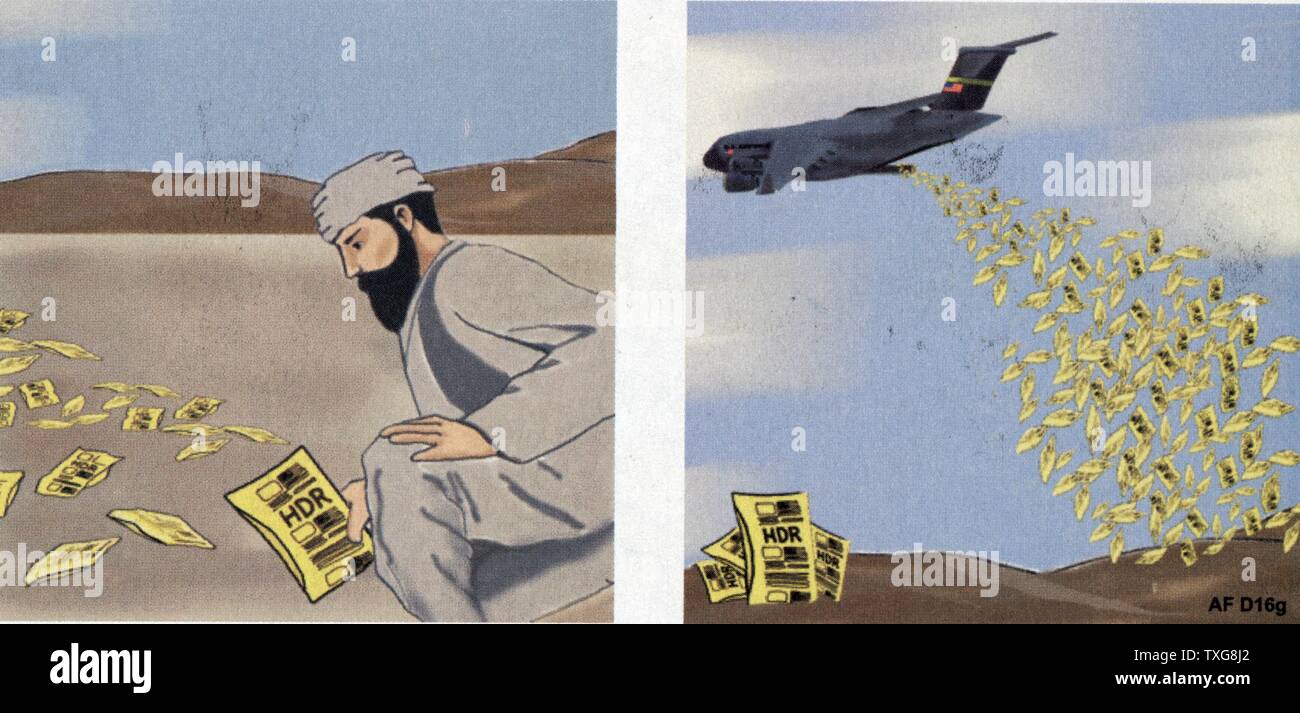 Afghanistan: Foglio illustrativo che mostra un aereo USA la caduta di pacchetti di rilievo e un uomo di sceglierne uno. Sul retro del foglio illustrativo il pacchetto viene aperto e uomo di famiglia e godetevi il contenuto. Foto Stock