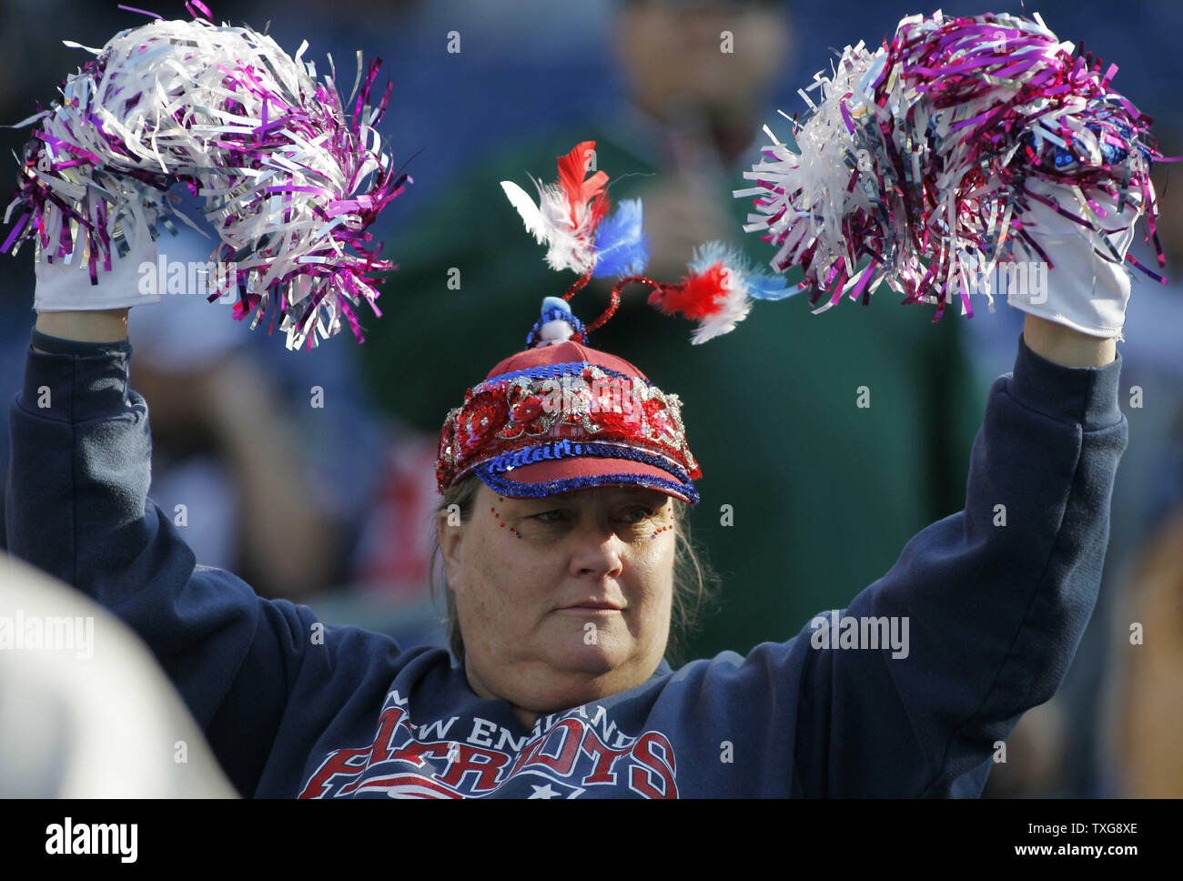 Un New England Patriots cheers prima che la partita contro i Buffalo Bills a Gillette Stadium di Foxboro, Massachusetts il 11 novembre 2012. UPI/Matthew Healey Foto Stock