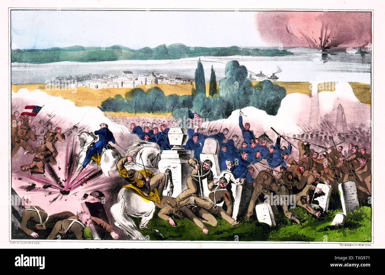 La guerra civile americana 1861-1865 : La Battaglia di Baton Rouge, Louisiana, 5 agosto 1862. La terra e la battaglia navale. Unione (settentrionali) vittoria su i confederati (Sud) forze Currier & Ives Stampa Foto Stock