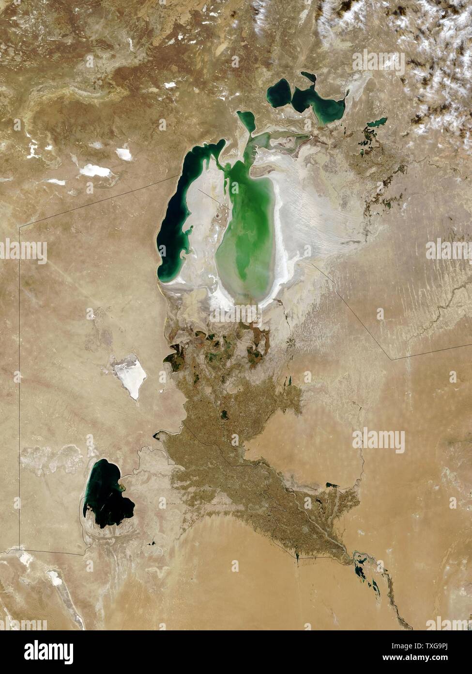 Il lago Aral, ottobre 2008. Una volta che la quarta più grande Inland Sea, nel sud del Kazakistan e Uzbekistan settentrionale. Esso è diviso in tre corpi di acqua. Principali cause di restringimento dovuto alla deviazione di acqua per l'agricoltura fotografia - NASA Foto Stock