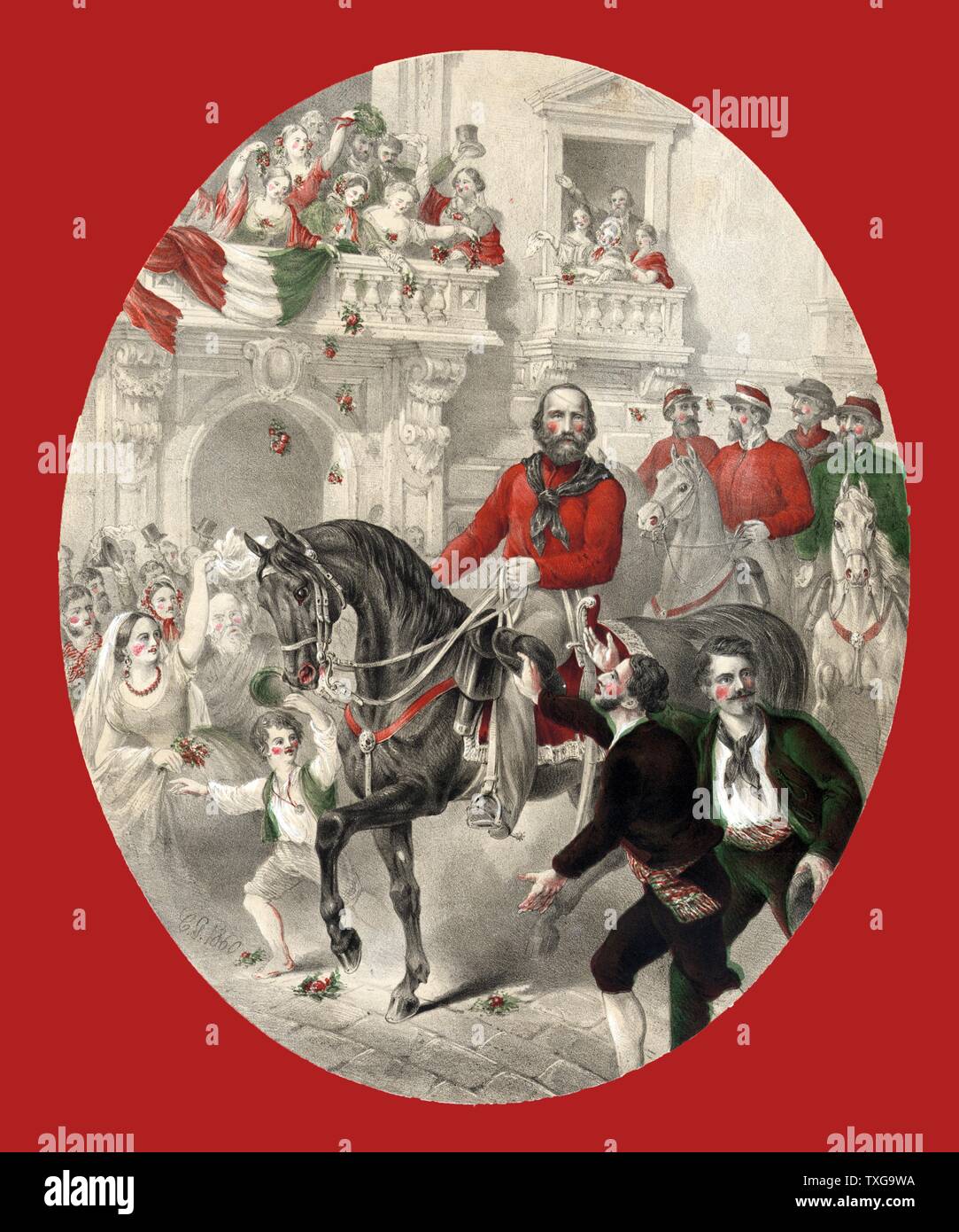 Giuseppe Garibaldi (1807-1882) soldato italiano, nazionalista e politico. La gente acclamava come Garibaldi corse in Napoli alla testa dei suoi mille Redshirts - 1860 Litografia Foto Stock