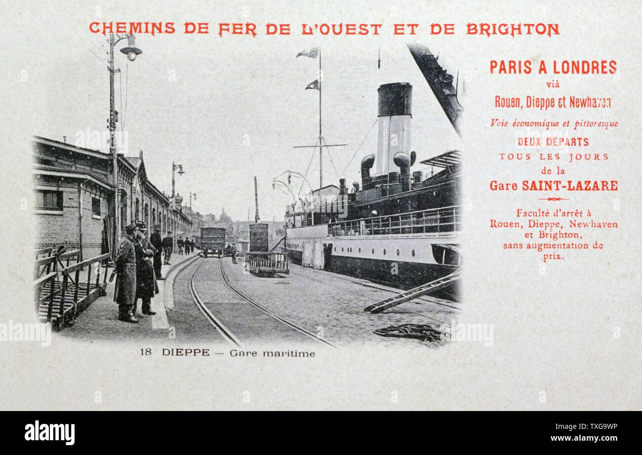Parigi-londra, stazione a Dieppe - Francia. Sistema di cottura a vapore che ha trasportato in treno attraverso il canale inglese. Cartolina 1900 Foto Stock