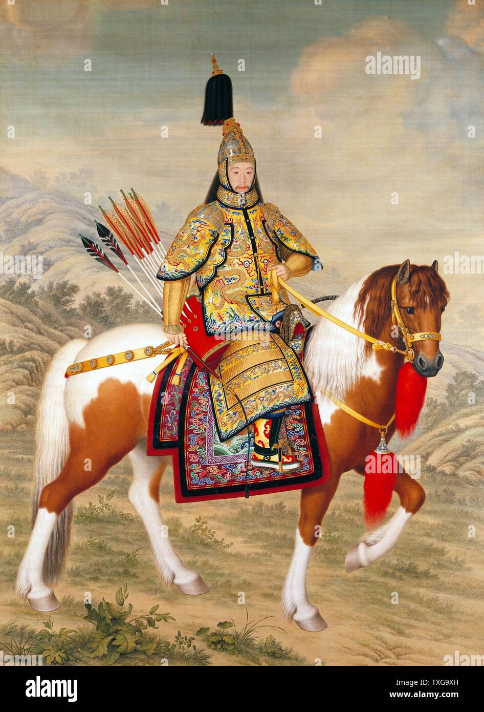 Giuseppe Castiglione scuola italiana l'Imperatore Qianlong in armatura cerimoniale a cavallo inchiostro e colore su seta Foto Stock