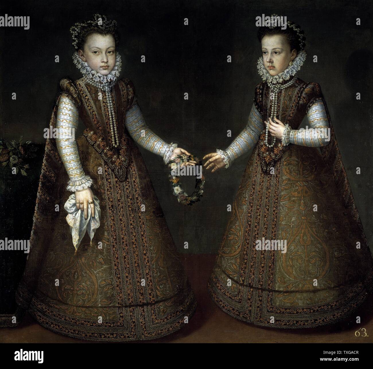 Alonso Sanchez Coello scuola spagnola i neonati Isabella Clara Eugenia e Caterina e Michelle di Spagna 1575 olio su tela (135 x 149 cm) Madrid, Museo del Prado Foto Stock