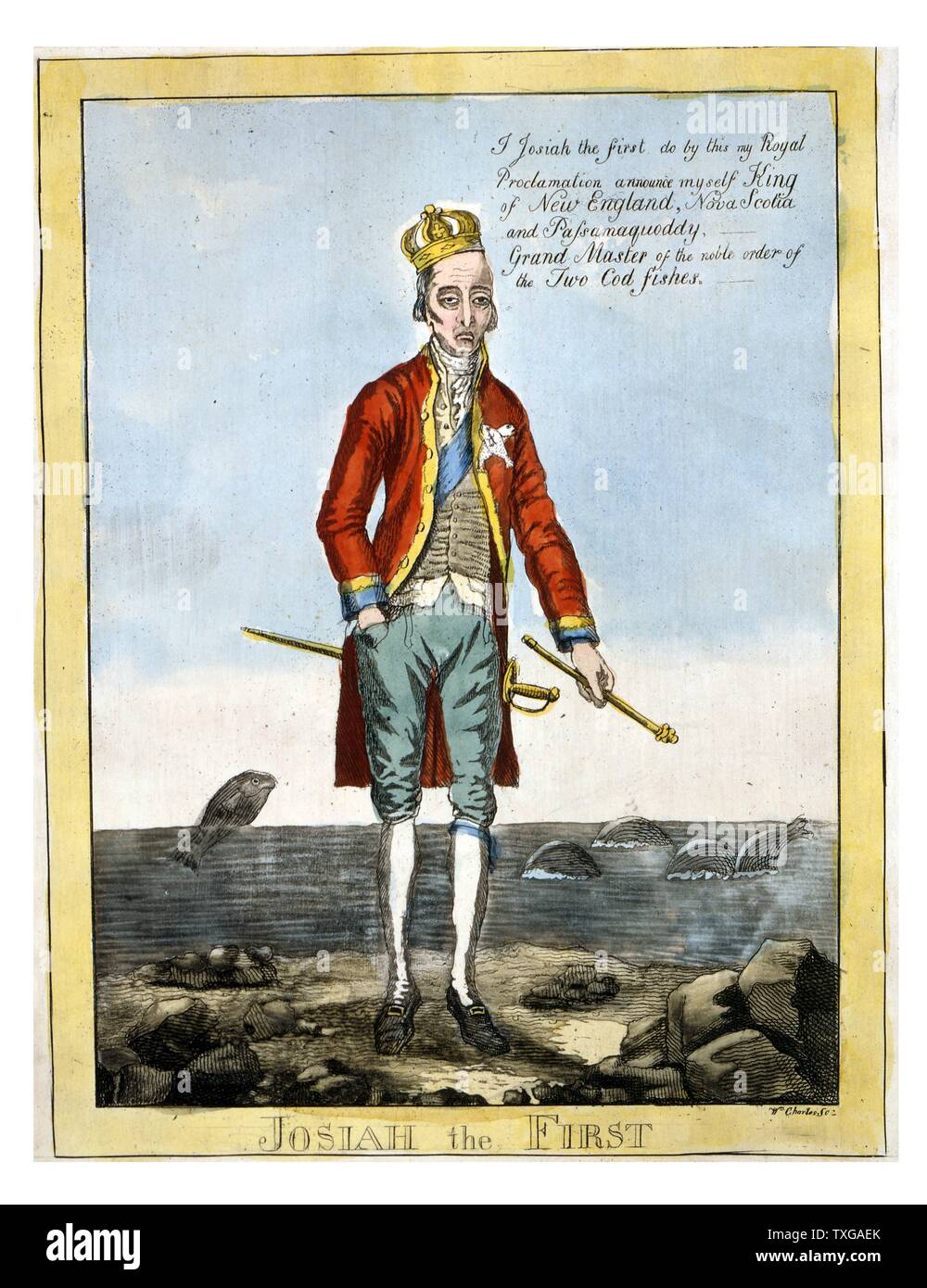 La caricatura di facoltoso uomo politico americano e attivista civica Josiah Quincy, un apologista espliciti per la Gran Bretagna e un avversario della guerra del 1812. Quincy detiene lo scettro nella sua mano sinistra e dice, mi Giosia prima fare da questa mia Royal proclamazione annunciare me re del New England, Nova Scotia e Passamaquoddy, -- Gran Maestro del nobile ordine dei due pesci Cod. Foto Stock