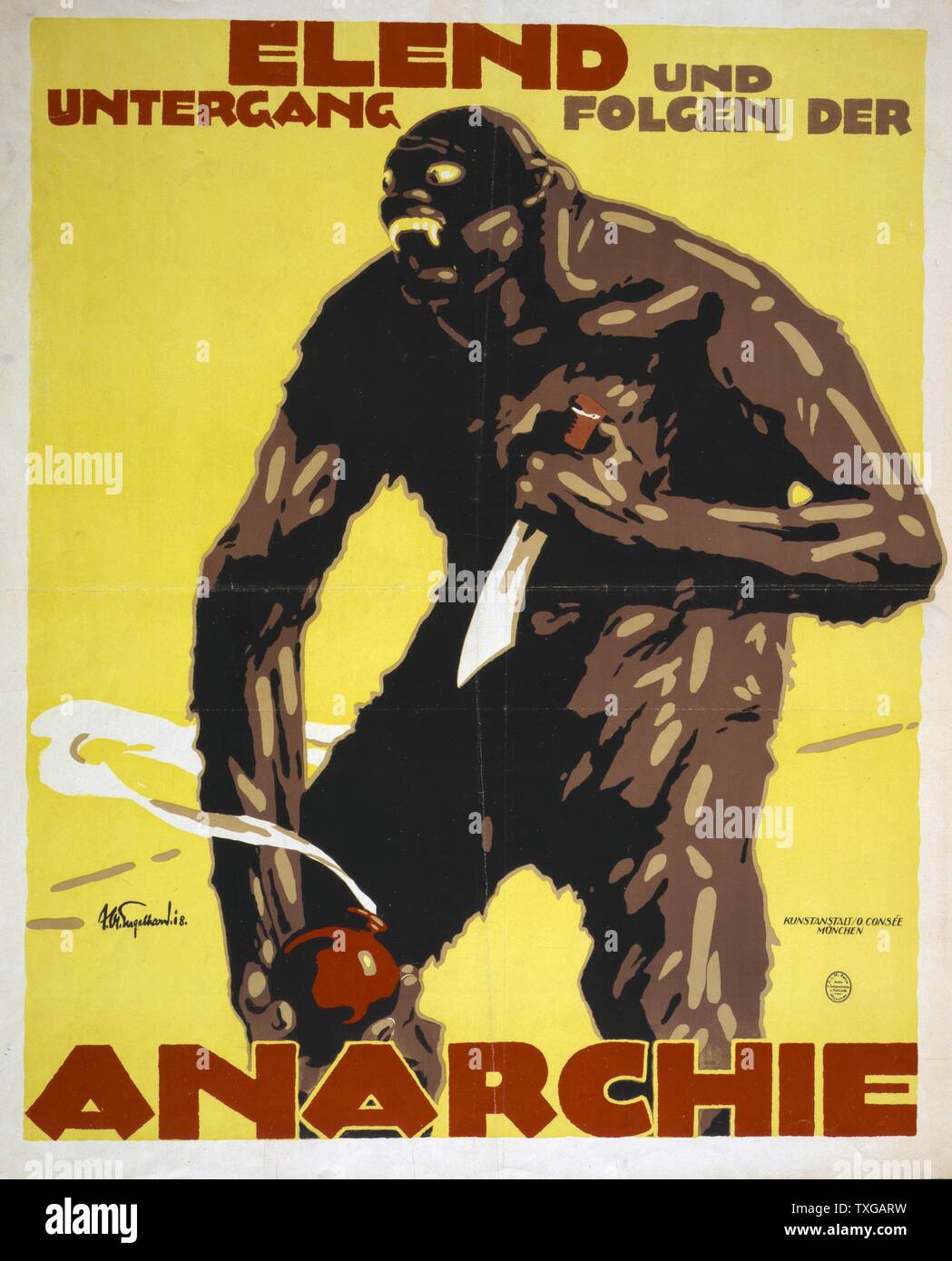 Poster mostra un mostro, un anarchico(?), in possesso di un coltello e una bomba. Testo: miseria e distruzione segue l'anarchia. Foto Stock