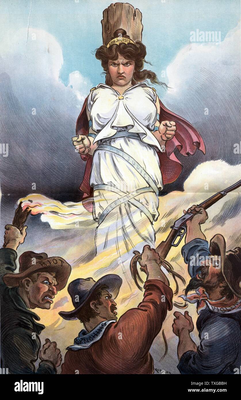 Al rogo. La figura mostra tre uomini etichettato sommossa, linciaggio, [e] violenza bruciando una figura femminile denominata Legge ed ordine al rogo, ella è legato al gioco con nastri etichettati i pregiudizi e diffidenza. Foto Stock