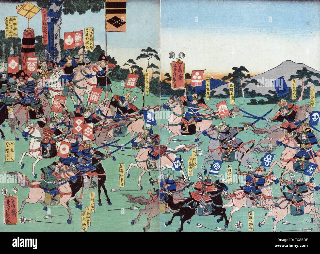Kawanakajima no kassen: Battaglia a Kawanakajima, da Yoshikazu Utagawa, active 1848-1863, giapponese. artista 1857. la xilografia che mostra due eserciti di cavalleria impegnati in una battaglia con spadaccini e arcieri a cavallo. Foto Stock