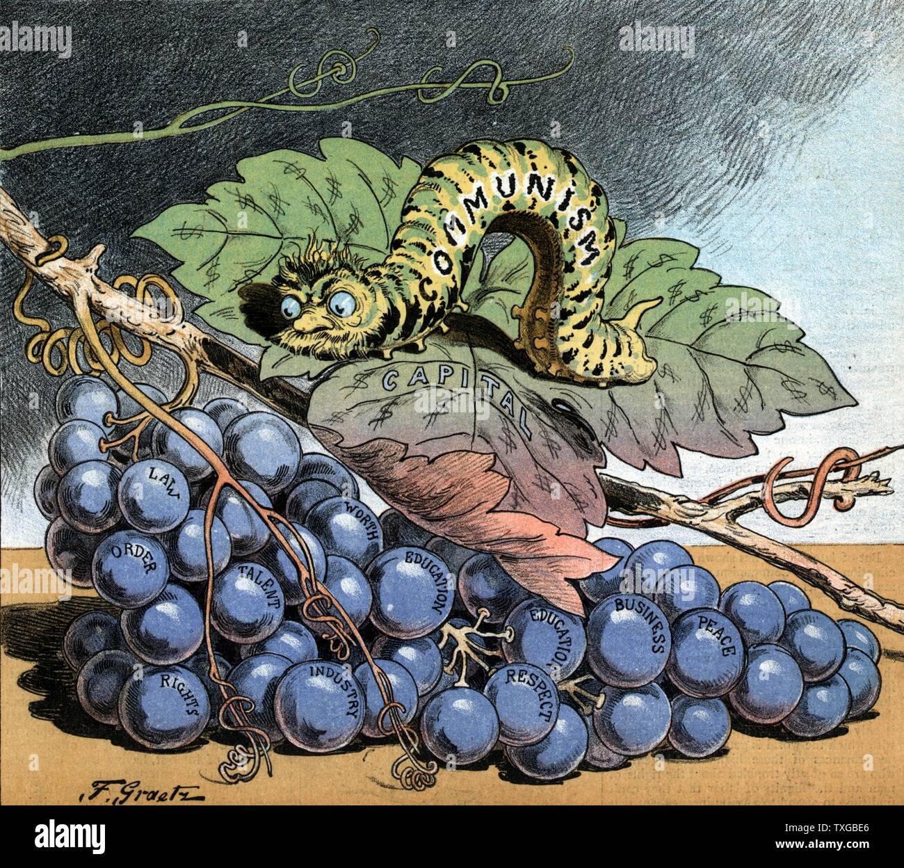 Un worm distruttivi. La figura mostra una marcata caterpillar comunismo su una foglia di uva che mostra $ e marcato dei capitali, anche un grappolo di uva, alcuni dei quali sono etichettati come diritto, ordine, diritti, talento, vale la pena, industria, istruzione, rispetto, Business, [e] la pace. Foto Stock