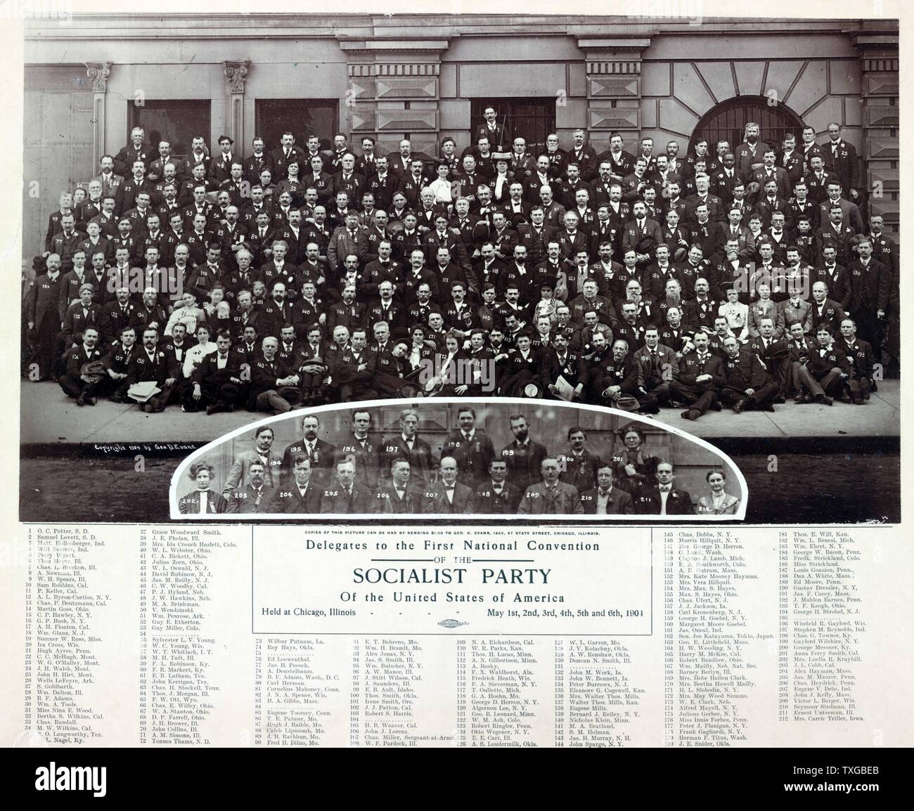 I delegati per la prima Convention nazionale del partito socialista degli Stati Uniti d'America, tenutosi a Chicago, Illinois, Maggio 1a, 2a, 3a, 4a, 5a e 6th, 1904 Foto Stock